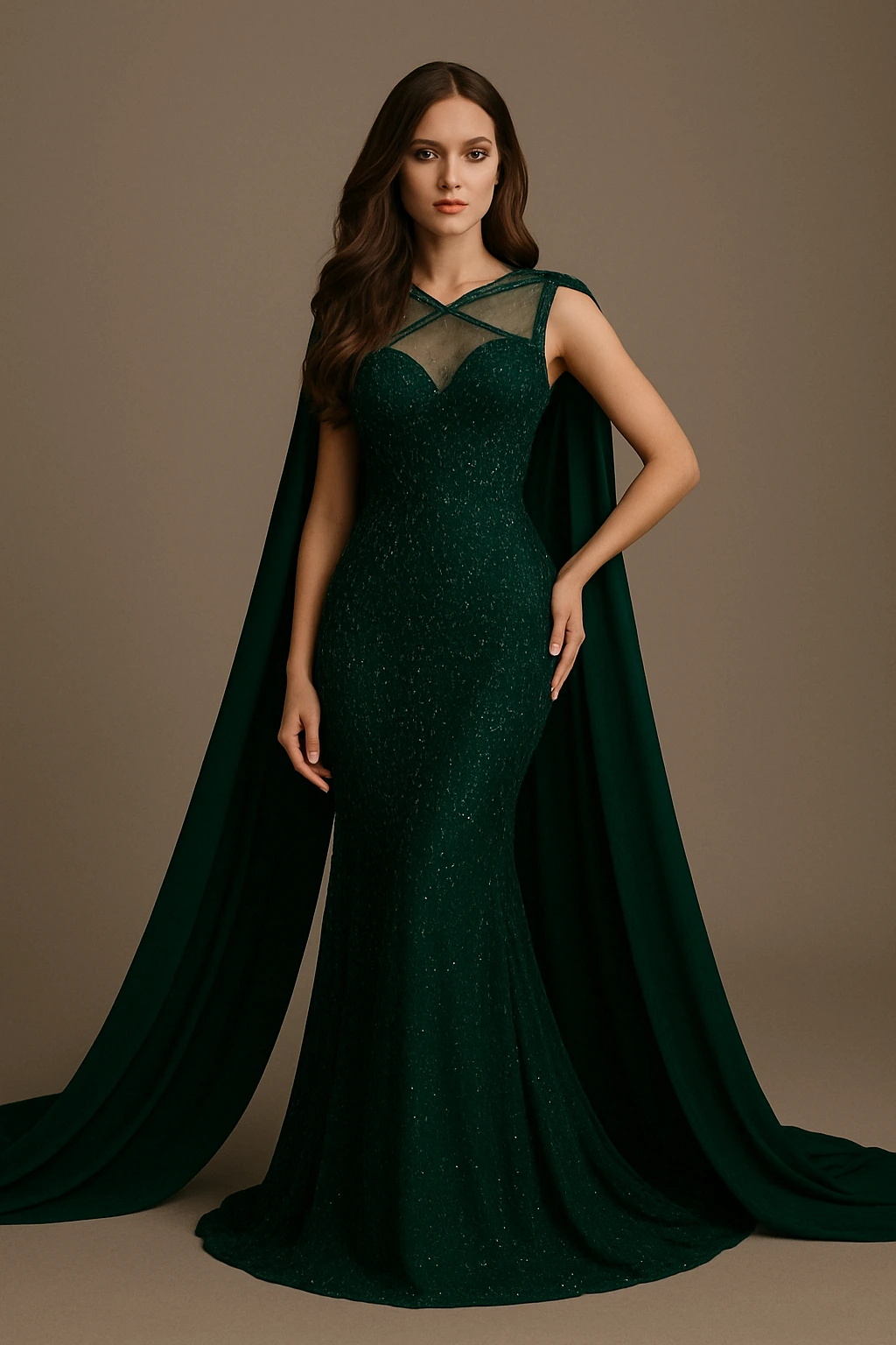 Elegant woman wearing emerald green evening gown with sheer neckline, fitted silhouette, and dramatic floor-length cape