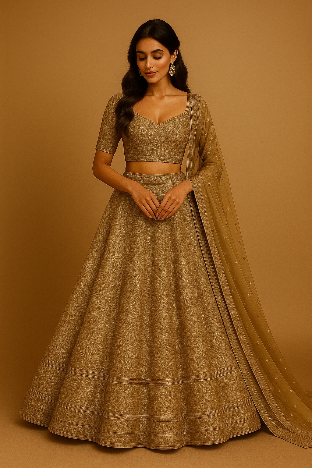 Elegant woman wearing a golden embroidered lehenga with matching blouse and sheer dupatta in a luxury fashion shoot