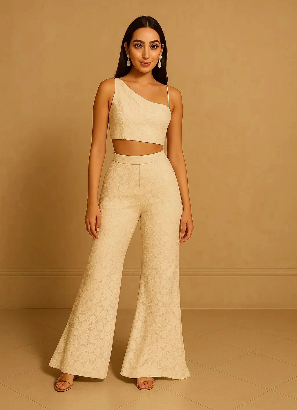 Modern woman in beige one-shoulder crop top and matching high-waist flared pants in textured fabric, styled with statement earrings