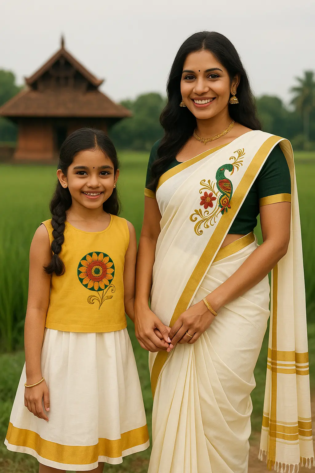 Smiling mother in Kerala Kasavu saree with peacock embroidery standing with daughter in matching cream and mustard ethnic dress