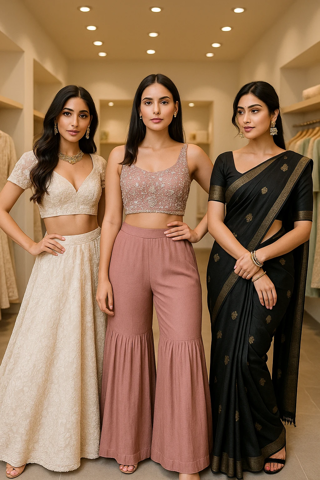 Elira Collective | Modern Ethnic & Contemporary Women’s Fashion Three women wearing elegant Elira Collective outfits — a cream lehenga, blush embroidered crop top with flared pants, and a black saree — showcasing modern ethnic fashion.