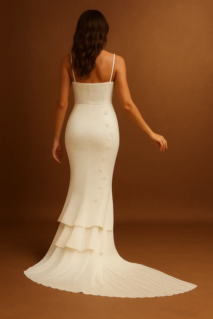 Back view of model wearing an ivory evening gown with fitted bodice, button details, and layered train – Elira Collective.